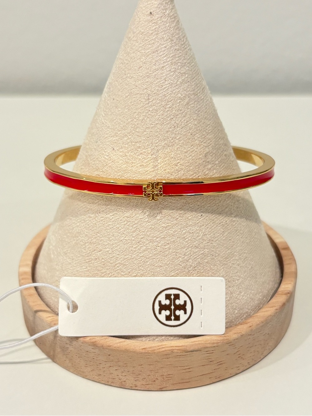 Tory Burch Red Enamel and Gold Logo Hinged Bangle